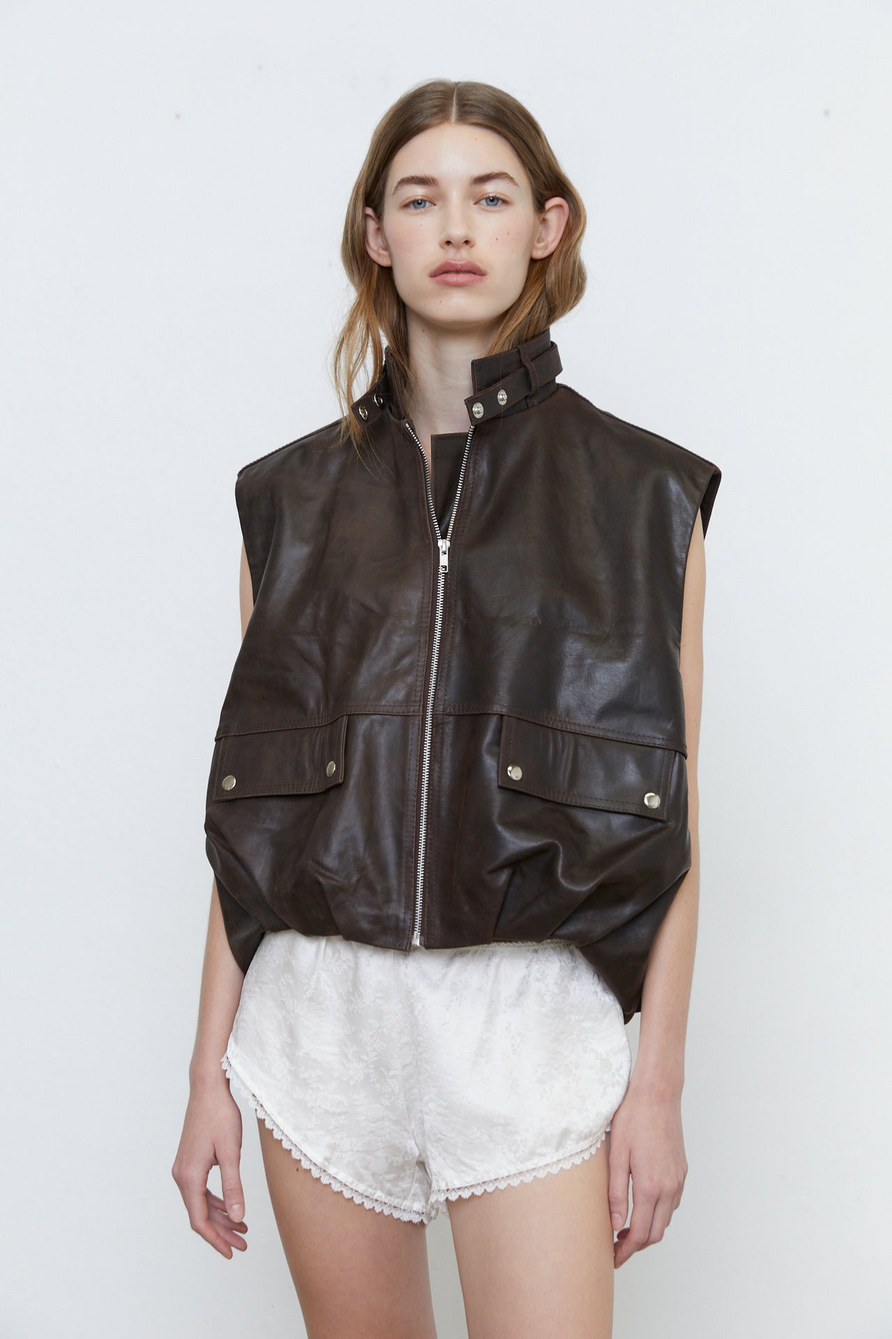 CARMELINA LEATHER VEST - BROWN