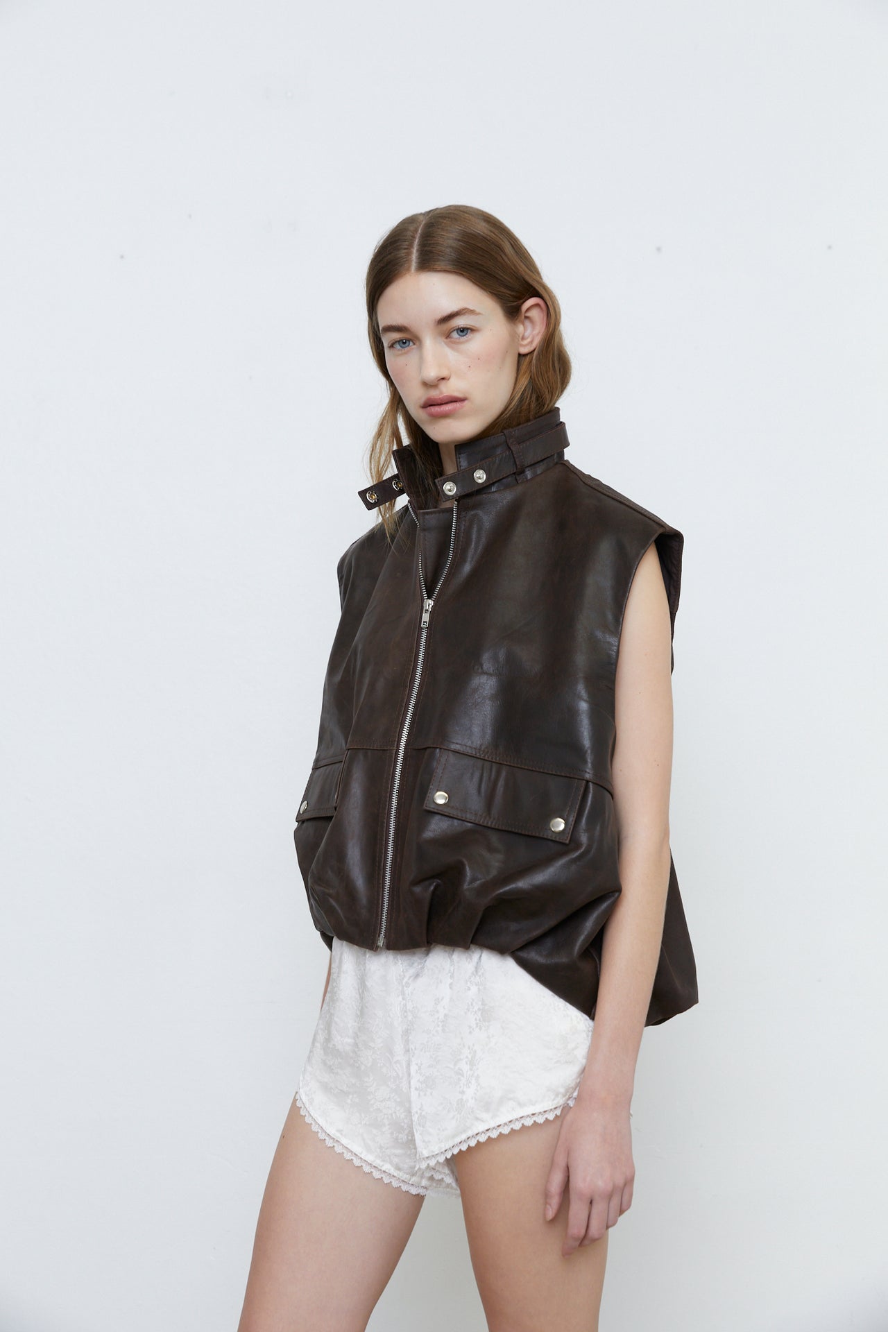 CARMELINA LEATHER VEST - BROWN